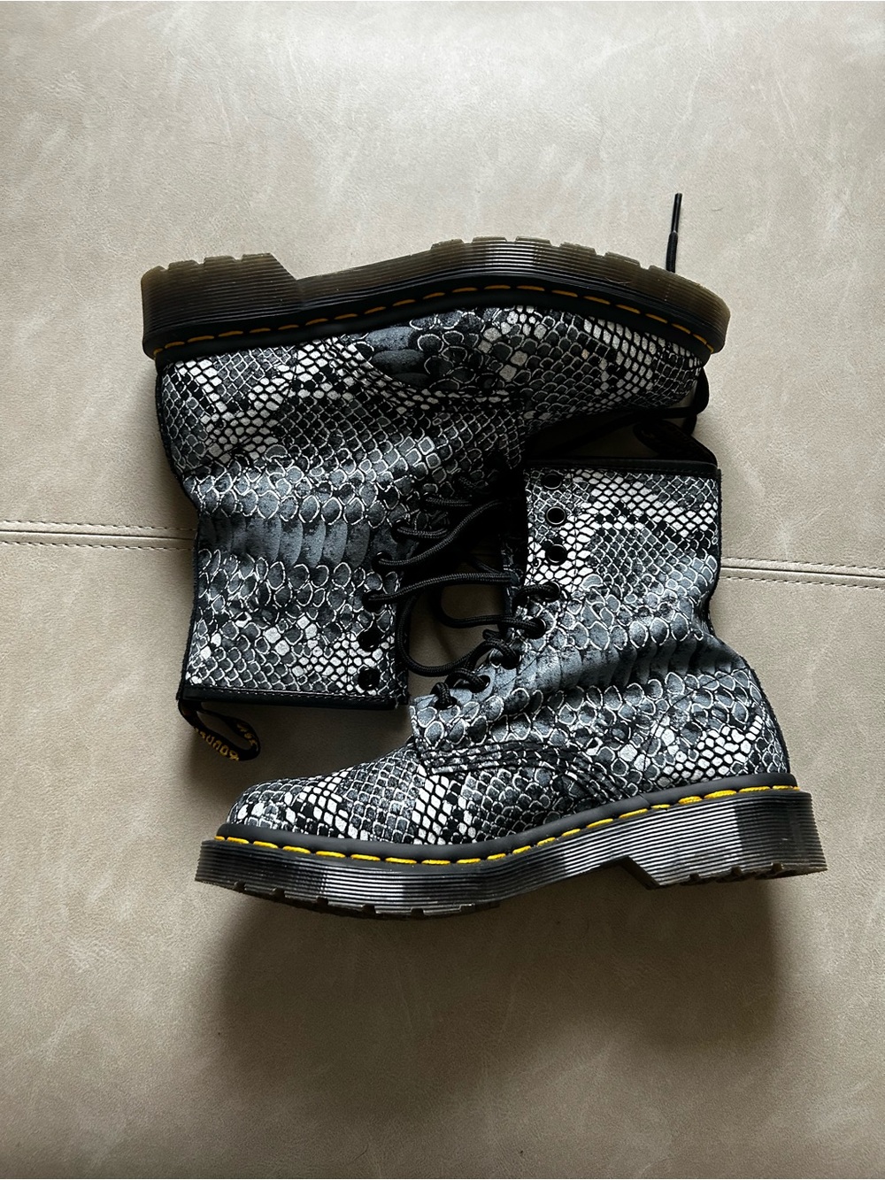 Dr. Martens Black Snake-Print Lace-Up Boots with Yellow Stitching